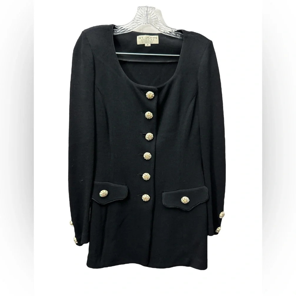 St John Evening Black Jacket Crystal Rhinestone Buttons Size 4